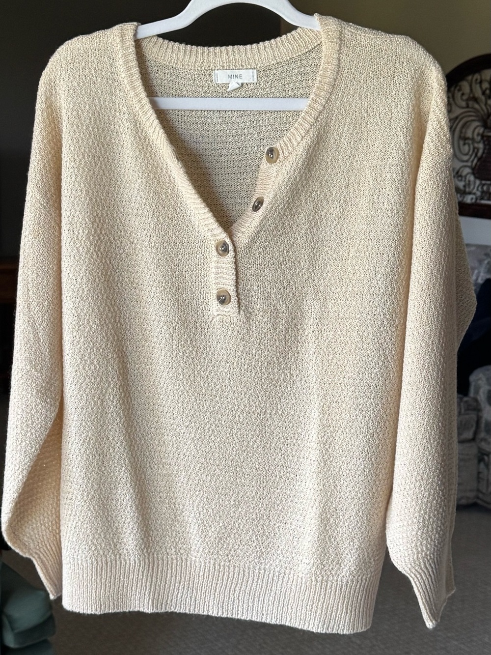 MINE Cream Textured V-Neck Button Sweater